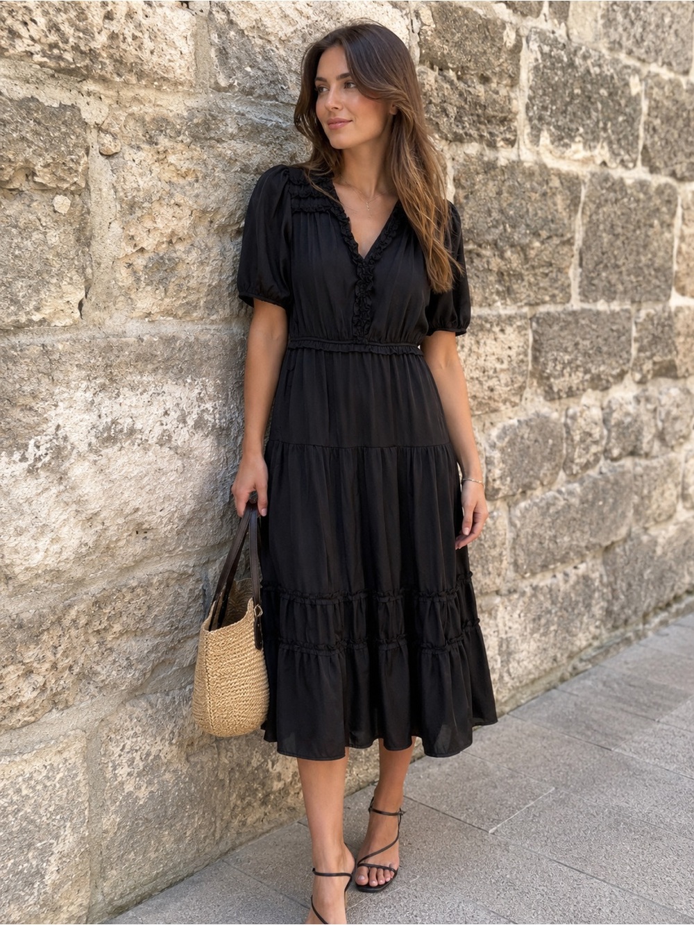 bohme Black Tiered Puff-Sleeve Midi Dress with V-Neck